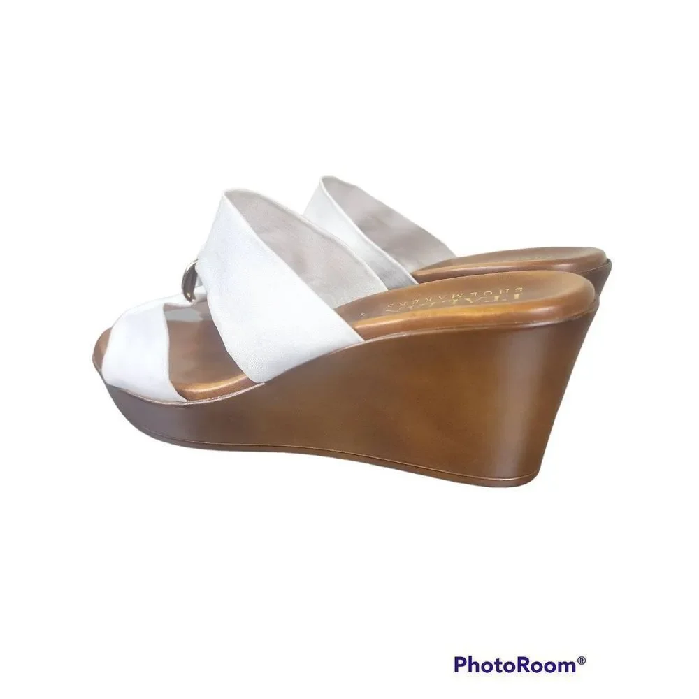 Italian Shoemakers White Double-strap Wedge Sandals with Silver Accents